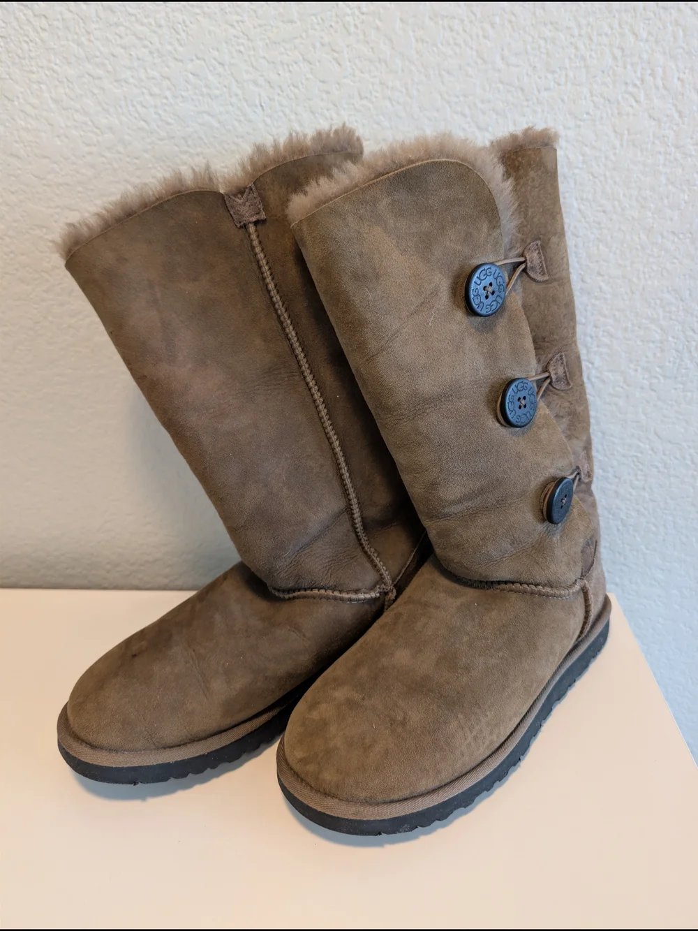 UGG Brown Bailey Button Triplet Tall Suede Winter Boots, US Size 9
